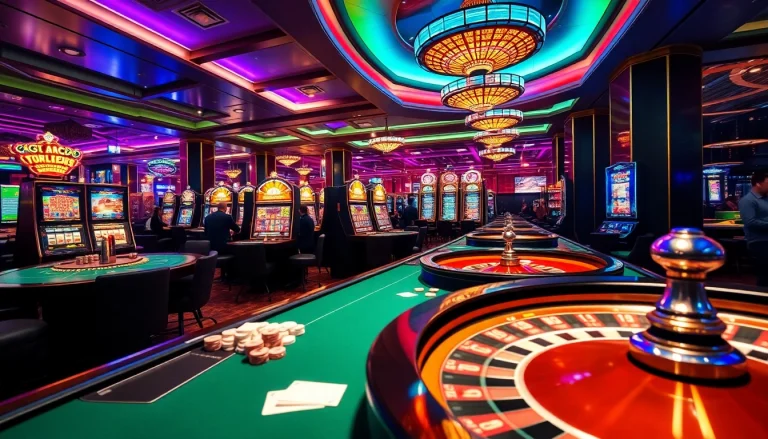 Engage with the thrilling experience at 2PH222 COM through vibrant casino scenes showcasing poker and roulette.