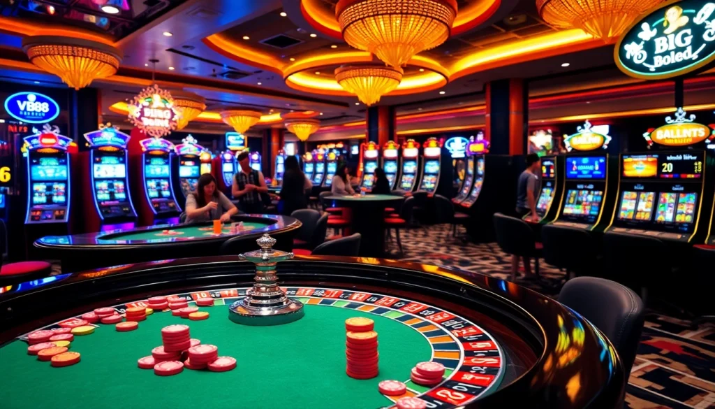 Experience the thrill of gambling at VB88 with a luxurious casino scene showcasing roulette and poker.