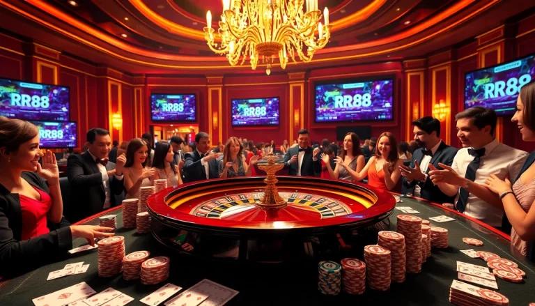 Experience the thrill of RR88 gaming with an elegant roulette table and lively players.