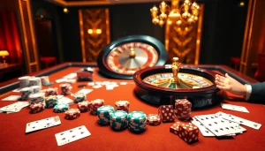 Engage in high-stakes excitement at jbo.com with luxurious casino elements, showcasing poker chips and roulette.