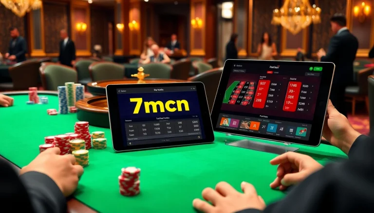 Experience the thrill of betting with 7mcn as players engage at stylish casino tables.