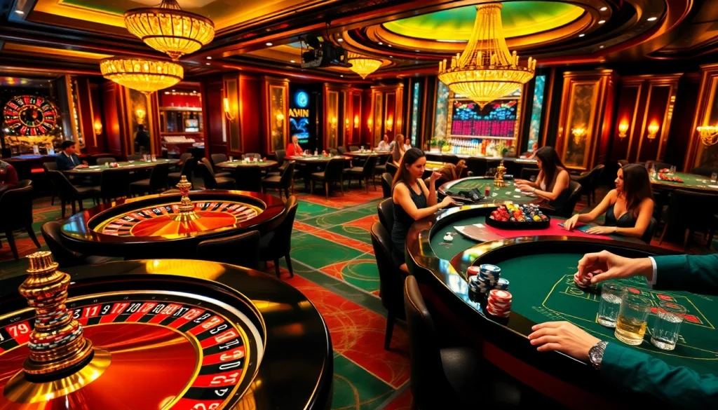 Exciting scene at a casino featuring roulette, poker chips, and players at https://jun88buzz.info/.