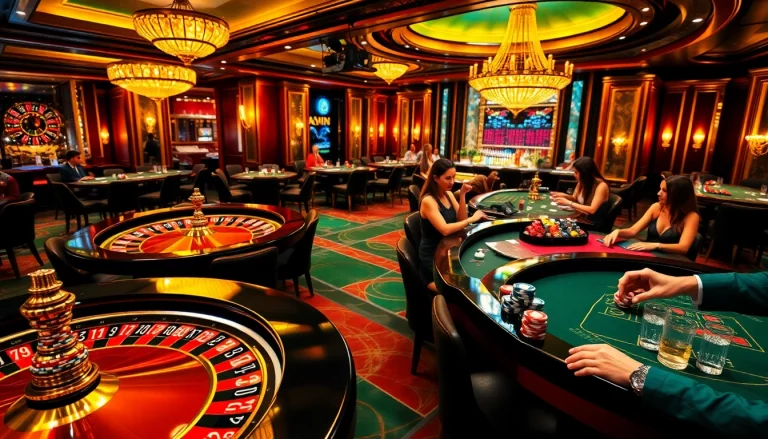 Exciting scene at a casino featuring roulette, poker chips, and players at https://jun88buzz.info/.