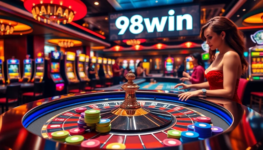 Players celebrating a win at a 98win casino table with chips and roulette.