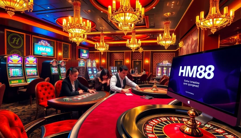 Exciting gaming scene at HM88 with vibrant tables, slot machines, and live casino action.