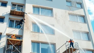 Facade cleaning process showcasing professionals using high-pressure water jets for čiščenje fasad.