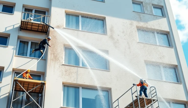 Facade cleaning process showcasing professionals using high-pressure water jets for čiščenje fasad.