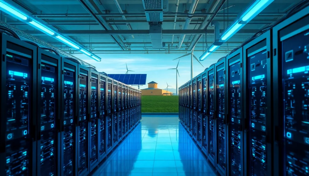 Modern crypto mining site showcasing advanced rigs and renewable energy sources.