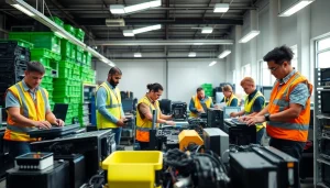 Efficient team dismantling computers in a recycling facility, representing a computer disposal company near me.
