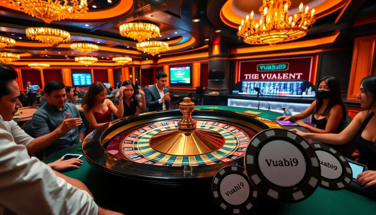 Exciting gambling scene at vuabai9 with players around a roulette wheel.