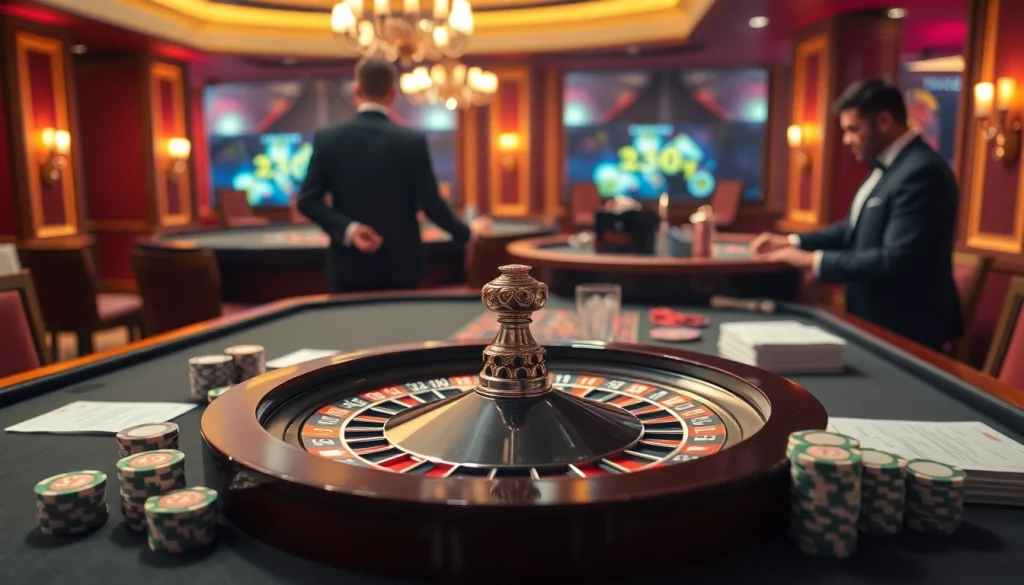 Experience luxury gambling at 23win casino, showcasing a vibrant roulette table and professional dealers.
