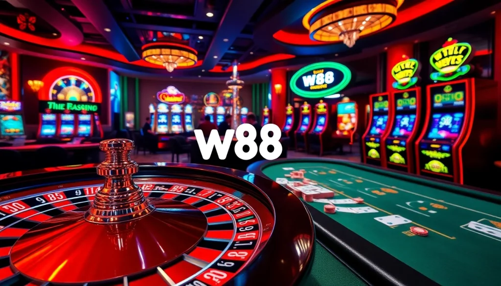W88 casino experience showcasing roulette, poker, and slot machines in a luxurious setting.