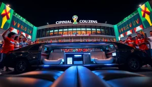 World Cup Group Transportation with a luxury limousine at a FIFA event in Los Angeles, celebrating fans.