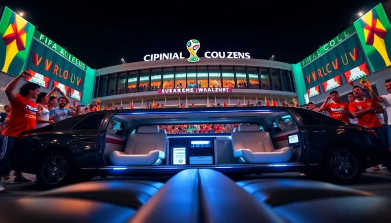 World Cup Group Transportation with a luxury limousine at a FIFA event in Los Angeles, celebrating fans.