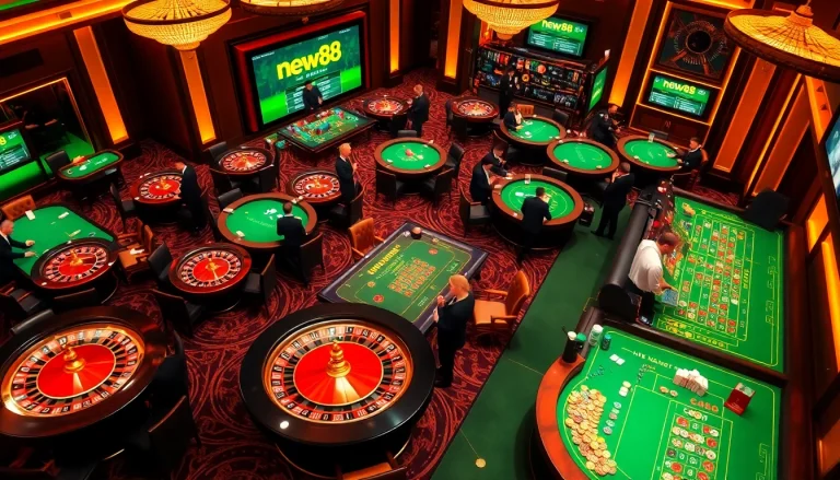 Experience the excitement of new88 casino games with vibrant poker tables, chips, and roulette wheels.