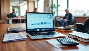 Profesjonalna scena biurowa przedstawiająca księgowość dla firm z wykresami finansowymi i współpracą.