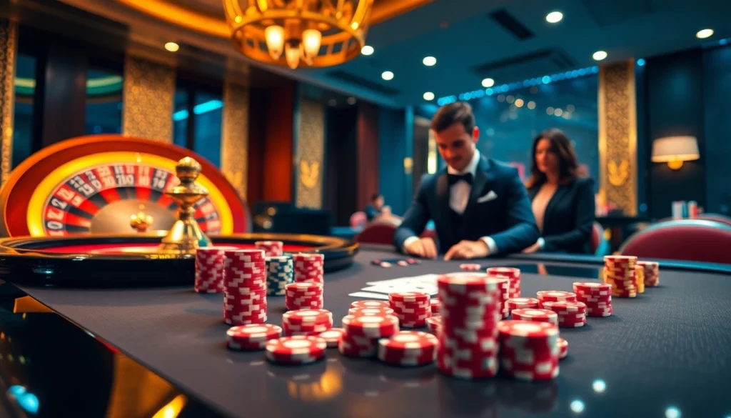 Experience the thrilling atmosphere of VSBET3.net with a luxurious casino scene featuring poker and roulette action.