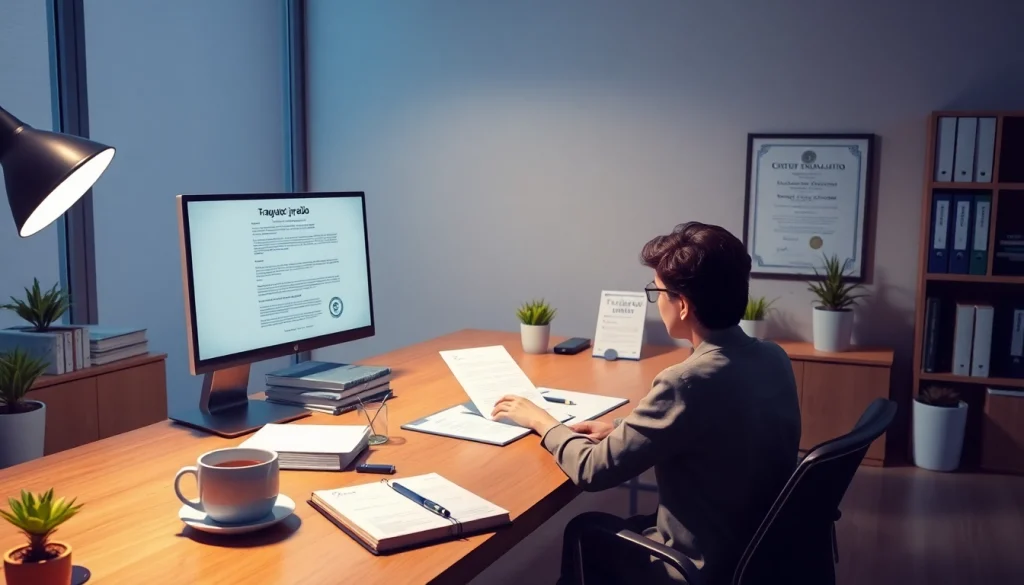 Traductor jurado efficiently translating official documents in a professional office setting.