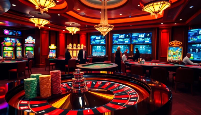 Excited players engaging in dynamic games at https://22bet.style casino, featuring roulette, blackjack, and vibrant slot machines.