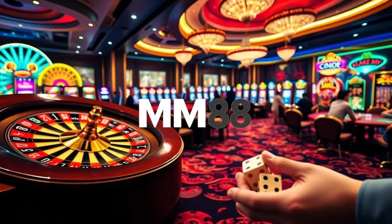 Players enjoying the excitement of casino games at https://mm88.how/ with vibrant slot machines and roulette tables.