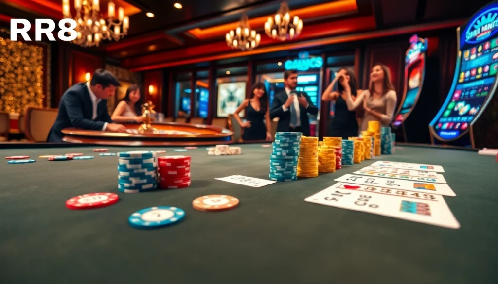 Experience the excitement of RR88 with vibrant casino elements, including poker chips and roulette.