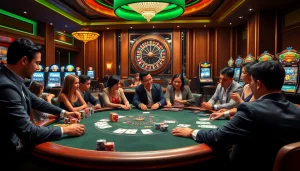 Experience thrilling gameplay at 6RWIN55 COM with vibrant poker tables and colorful chips.