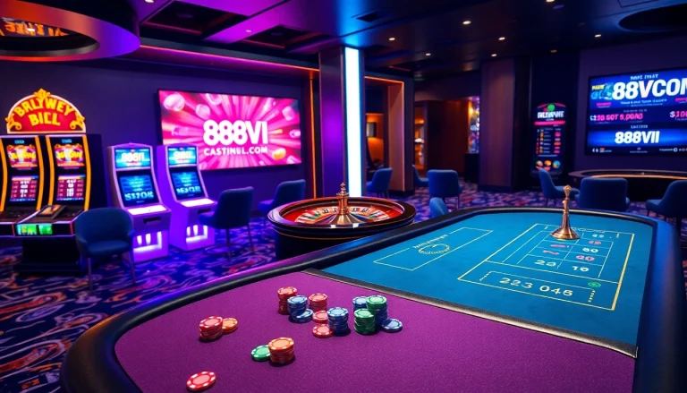 Engaging scene of 888VI.COM showcasing vibrant casinos and poker games.