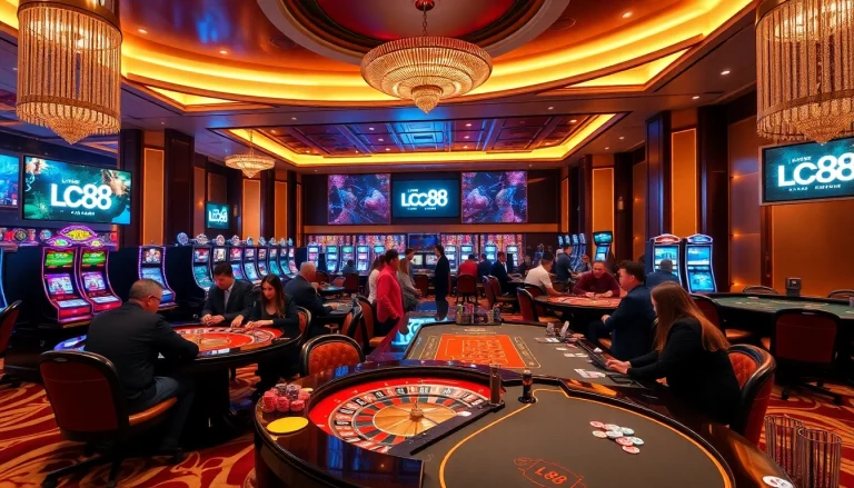 Players enjoying high-stakes games at LC88 casino with vibrant lights and luxurious decor.
