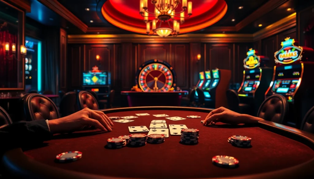 Engaging poker scene highlighting go8 strategies with chips and playing cards in an upscale casino.