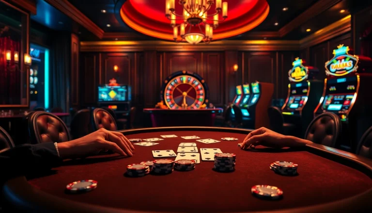 Engaging poker scene highlighting go8 strategies with chips and playing cards in an upscale casino.
