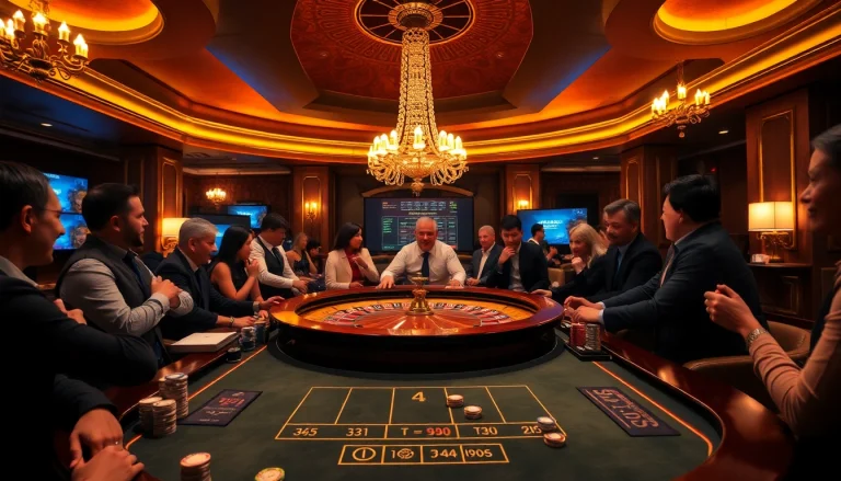 Experience thrilling gameplay at https://nk88.diy/ with professional gamblers at a luxury casino table.