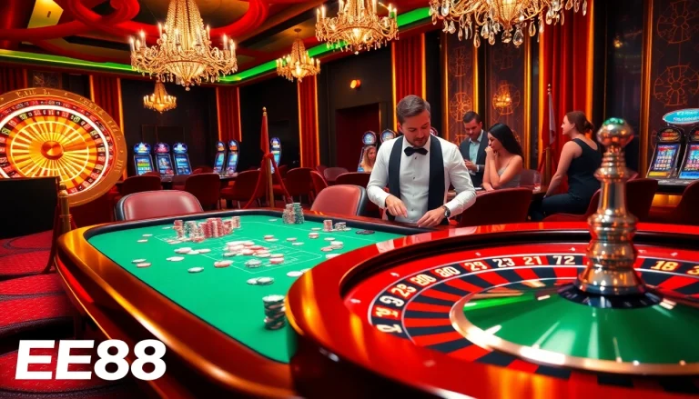 EE88 poker table scene with vibrant gameplay and professional dealer interaction.