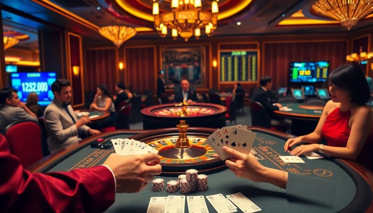 Exciting players engaging in high-stakes games at JUN 88 casino, featuring vibrant roulette and blackjack tables.