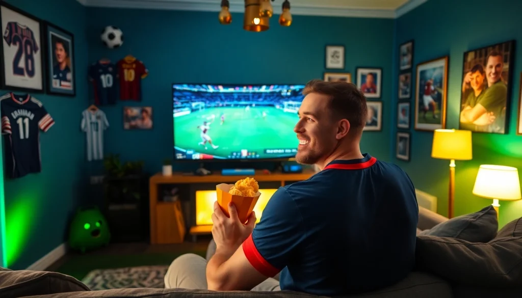 Engaged fan watching Diema Sport online free in a stylish living room with sports memorabilia.