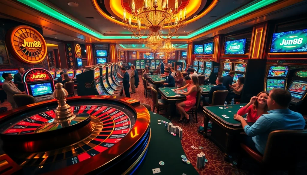 Players enjoying a thrilling gaming session at Jun88 casino with vibrant tables and slot machines.