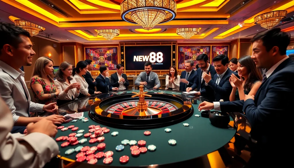 Excited players at a roulette table displaying their betting strategies at new88 casino.