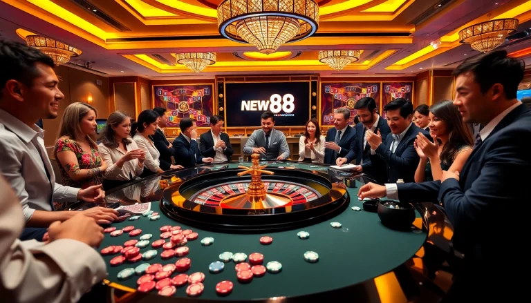 Excited players at a roulette table displaying their betting strategies at new88 casino.