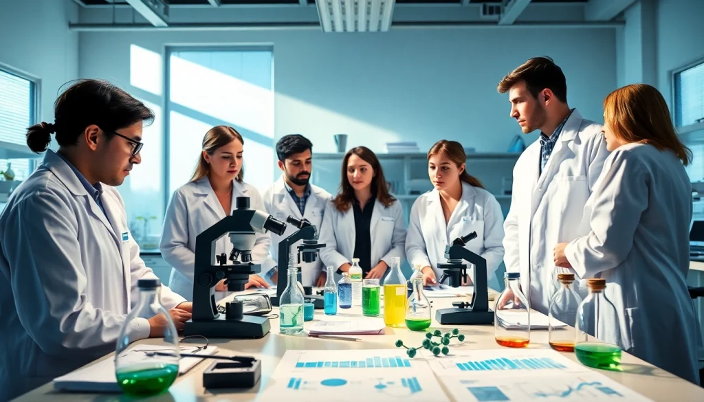 WIN55 research in a laboratory, showcasing scientists analyzing cannabinoid effects with vibrant charts and instruments.