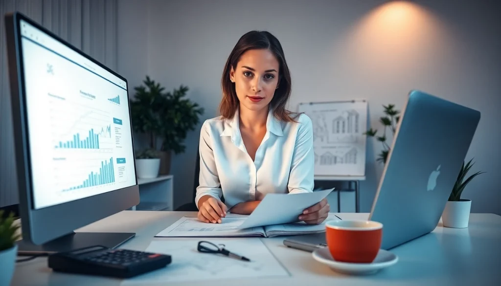 Księgowość dla spółki budowlanej w profesjonalnym środowisku biurowym, przedstawiająca księgowego przy pracy.