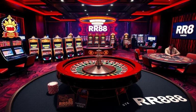 Experience the thrill of RR88 at a luxurious casino with vibrant roulette and poker tables.