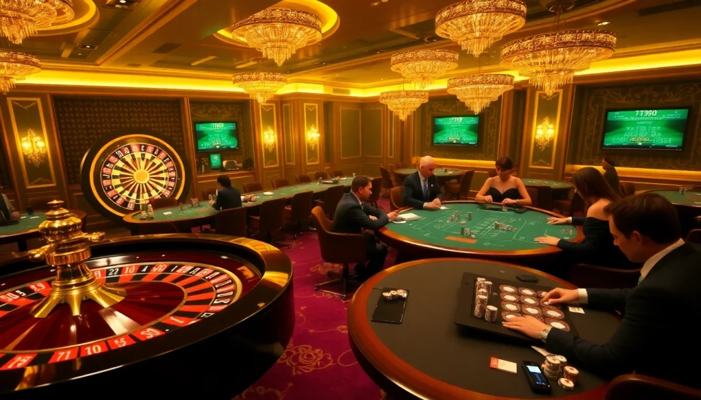 32win players enjoying an exciting game at a luxurious casino with roulette and poker tables.