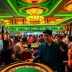 Players are enjoying the thrill of winning at RAJABARONG's vibrant slot machines in a bustling casino.