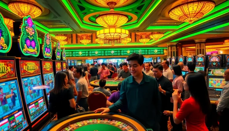 Players are enjoying the thrill of winning at RAJABARONG's vibrant slot machines in a bustling casino.
