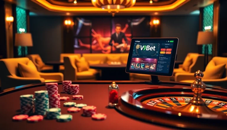 Experience the thrill of V9bet at a luxurious poker table, showcasing chips, cards, and a roulette wheel.