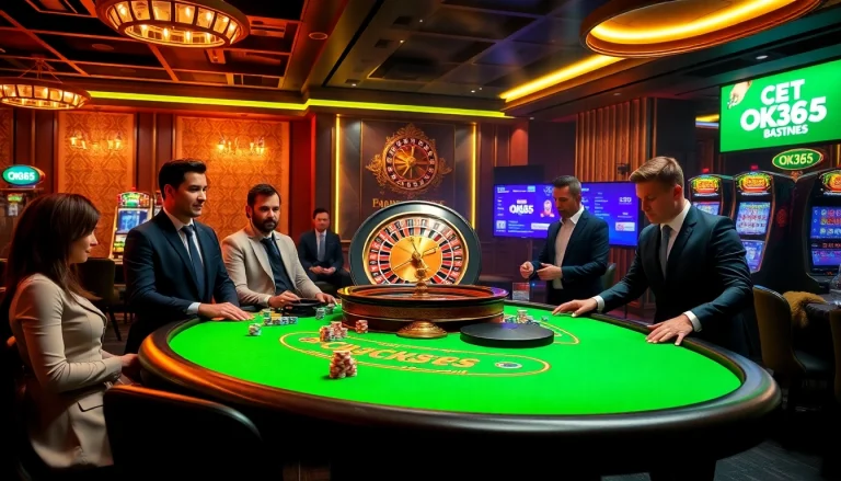 Players enjoying a high-stakes game at OK365 casino, showcasing poker tables and roulette wheels.