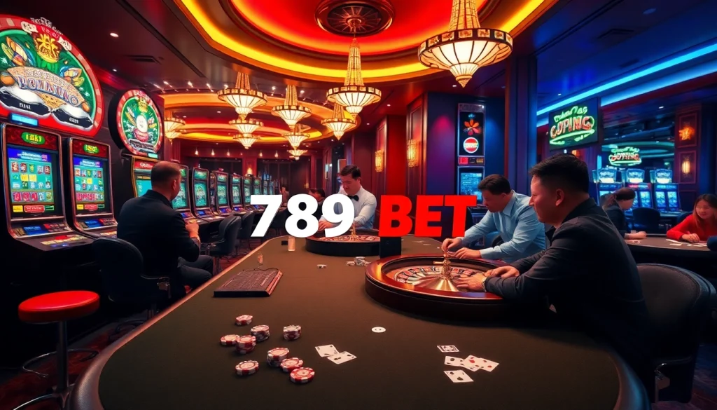 Experience the thrill of 789BET with players enjoying casino games at an upscale venue.