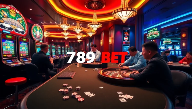 Experience the thrill of 789BET with players enjoying casino games at an upscale venue.