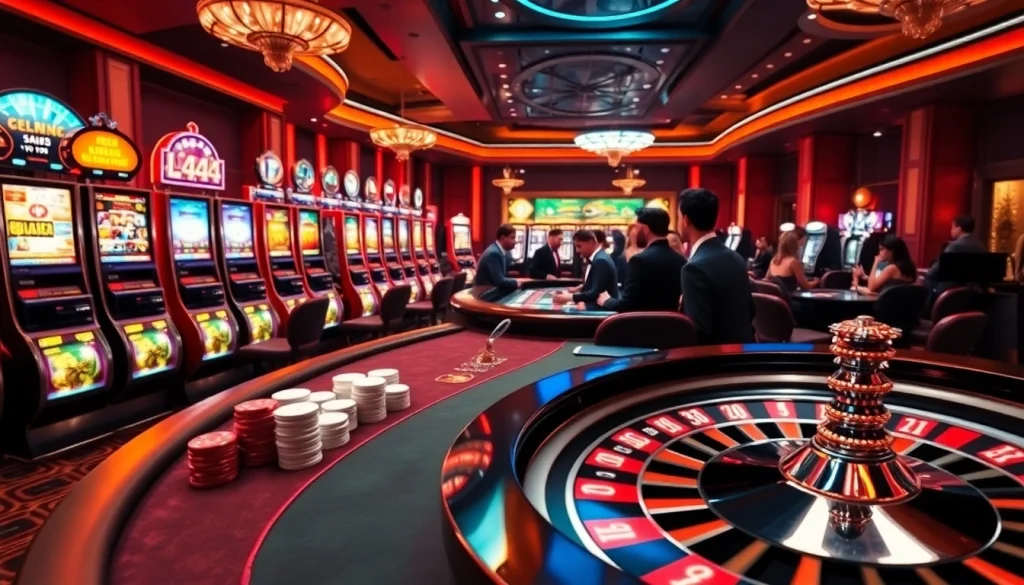 L444 showcases an exciting poker table and vibrant roulette wheel in a luxurious casino environment.