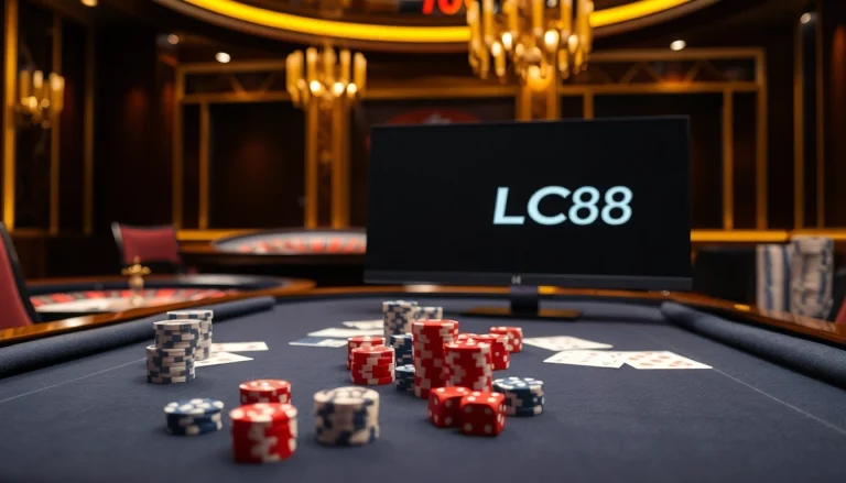 Engage with the thrill of lc88 đăng nhập at a vibrant casino table filled with cards and chips.