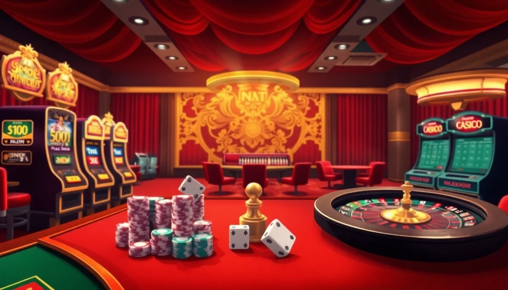 Experience a vibrant online casino atmosphere at a nhà cái uy tín, showcasing thrilling gaming elements like slot machines and poker tables.